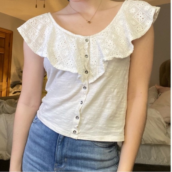 AEO Terracotta Copper Rust Embroidered Eyelet Lace Ruffle Crop Blouse Tank Top - Picture 9 of 10